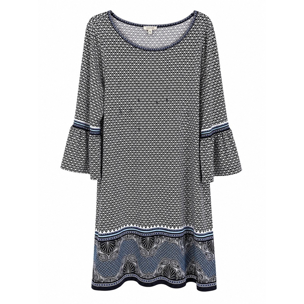 Max Studio Boho Shift Dress XL Bell Sleeve Black White Blue Fall Teacher Artsy